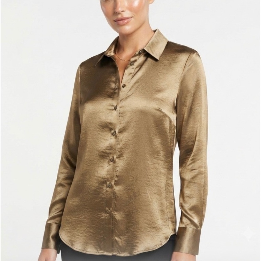 John Mark Bronze Satin Button Down Shirt Women Large Long Sleeve Curved Hem Slit